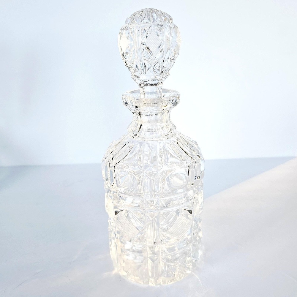 Vintage MCM Heavy Lead Crystal Liquor Decanter Starburst Diamond Pattern Barware